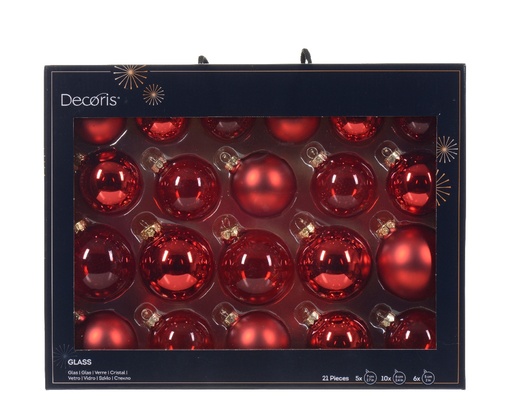 [A-027619] Kerstballen Glas Kerstrood 7 cm Set van 21