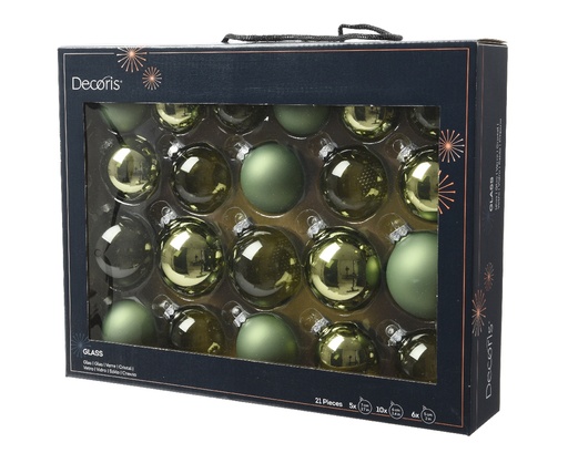 [A-027621] Kerstballen Glas Rozemarijngroen 7cm Set van 21