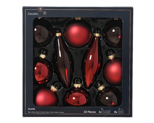 [A-027624] Kerstballen Glas Ossenbloed Mix Set van 10