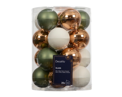 [A-027628] Kerstballen Glas Groen, Bruin, Wolwit 6 cm Set van 20