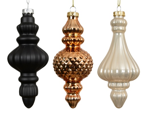 [A-027630] Glazen Ornament Zwart Opaal Brons 15 cm Set van 3