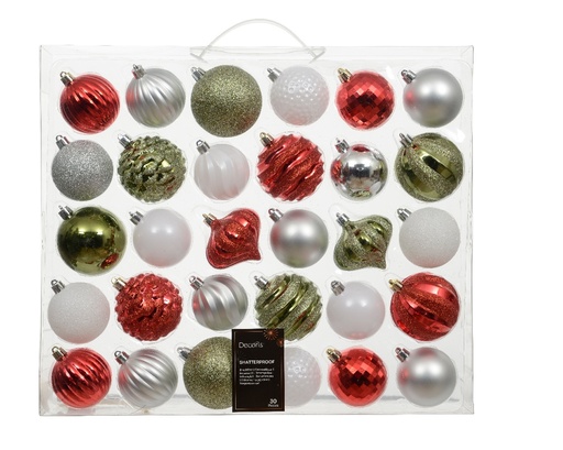 [A-027648] Kerstballen en ornamenten 7 cm Rood Wit Groen mix onbreekbaar doos 30 stuks