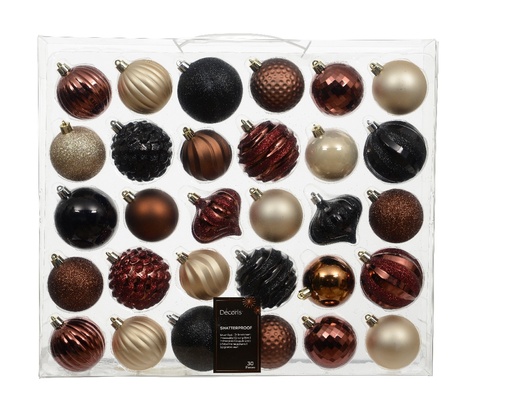 [A-027649] Kerstballen en ornamenten 7 cm Opaal Bruin Zwart onbreekbaar doos 30 stuks