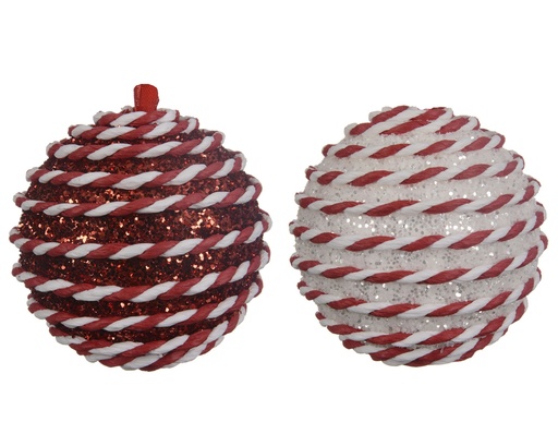 [A-027650] Kerstballen 8 cm Rood-Wit Candy cane motief set van 2