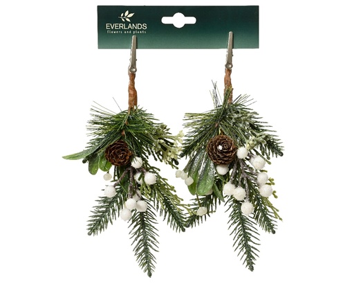 [A-027660] Kersthanger Dennengroen met Clip Groen Wit 22 cm Per Stuk
