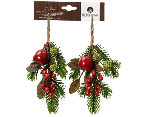 [A-027664] Kersthanger met Besjes en Appelmet Clip Rood Groen 22 cm Per Stuk