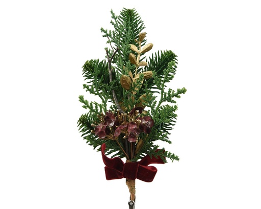 [A-027665] Kersthanger Steker Wintergroen en Fluweel 24 cm met clip Per Stuk