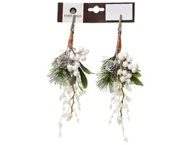 [A-027697] Kersthanger met Wintergroen Dennenappel en  Witte Besjes Clip 22 cm Per Stuk
