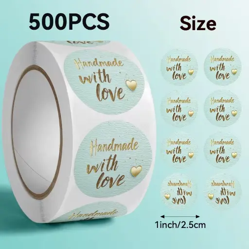 [A-027888] Sluitstickers Handmade with love Lichtblauw rond etiket 2,5 cm rol 500 labels 
