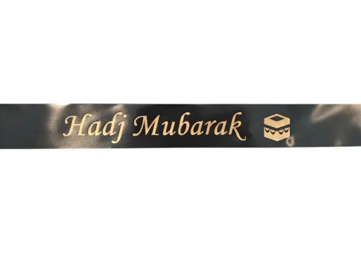 [A-028091] Hadj en Umrah Boeketlint met eigen Matgouden opdruk Zwart 45mm x 75 cm extra lang 