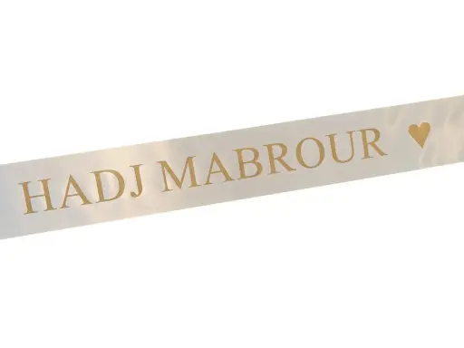 [A-028094] Hadj en Umrah Boeketlint Breed met eigen Matgouden opdruk Ivory 70 mm x 80 cm 