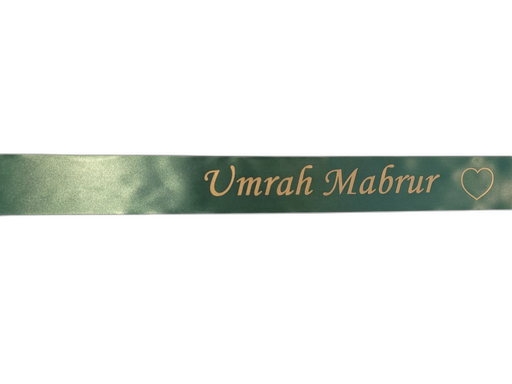 [A-028100] Hadj en Umrah Boeket hanglint met eigen Matgouden opdruk Donkergroen 45 mm x 50 cm 