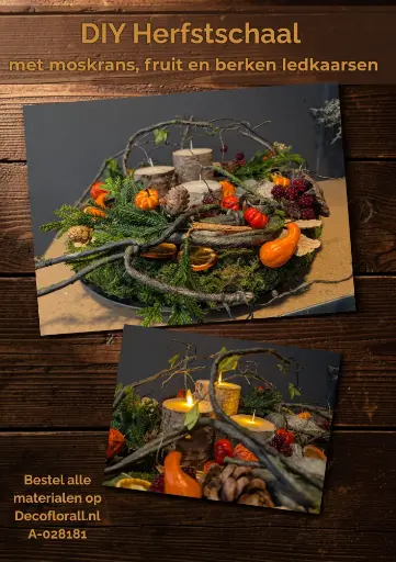 [A-028181] Herfstschaal met Moskrans, fruit en berken ledkaarsen Stel zelf je pakket samen